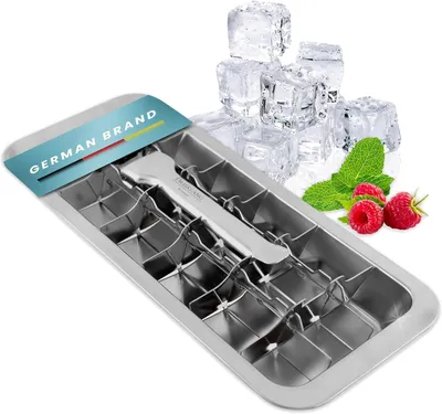 Image de Moules à glaçons en acier inoxydable 18/8 polis, avec levier - Bac à glaçons sans plastique - Sûr pour les aliments et durable, pour 18 gros glaçons