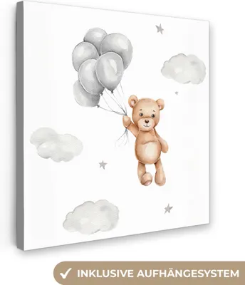 Produktbild von MuchoWow® - Leinwandbilder - Bär - Luftballon - Sterne - Kinder, Wandbild, Wanddeko Bilder Wohnzimmer, 50x50 cm