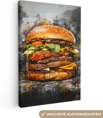 Produktbild von Leinwandbilder 60x90 cm - Graffiti - Burger - Essen - Kunst - Grau - Graffiti, Bilder Wohnzimmer Modern, Wanddeko