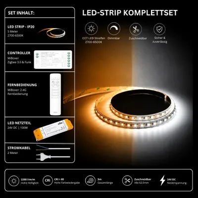 Produktbild von LED Streifen Set CCT IP20 – SMD LED Streifen 24V, 16 W/m, 2200 lm/m, 5m, 2700-6500K – SS100 Netzteil, SZ2 Zigbee 3.0 Controller und C1 Fernbedienung Weiß