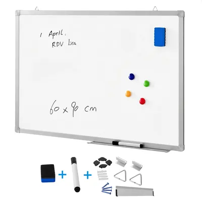 Produktbild von Magnetisches Whiteboard mit Aluminiumrahmen und Stiftablage, Magnettafel trocken abwischbar inklusive Schwamm und Stift, ohne Magnete, Magnetwand zum beschriften, 60 x 90 cm