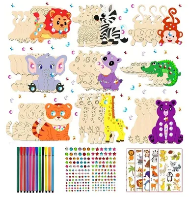 Produktbild von Holz Bemalen Set Kinder Zootiere - 27 Teile Bastelset - DIY Holzfiguren mit Stiften