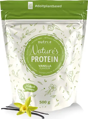 Obrázok produktu pre nutri+ Vegan Natures Protein Powder | Vanilka | 500 g | bez cukru a sladidiel | zo sóje, hrachu a ryže | vegánsky