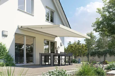 Produktbild von SOLUNA Kassettenmarkise Modern 2x1,5 Stoff Dessin 320923 Gestell RAL 9010 reinweiß Antrieb rechts inkl. Motor und Wandsc