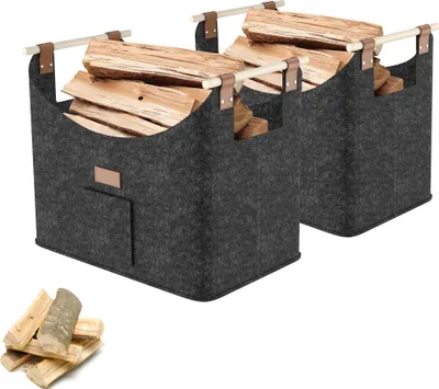 Image de LARS360 Gris foncé 2 pièces Sac en feutre pour bois de cheminée, panier pour bois de chauffage Sac pour bois de cheminée, panier pour bois de chauffage pliable, sac pour bois, sac pour bois de chauffage jusqu'à 40kg
