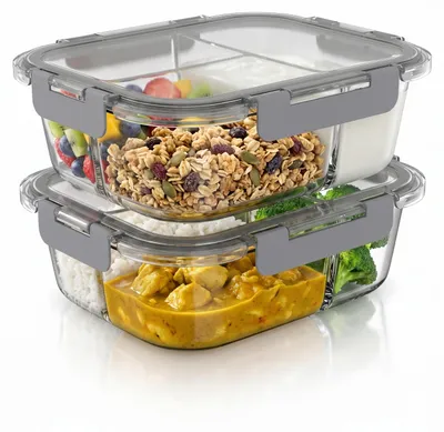 Produktbild von Arendo Frischhaltedosen Glas mit Deckel, 3 Fächer, Lunchbox, Vorratsdosen, 2er Set, rechteckig 1050 ml, stapelbar, Bento, Meal Prep, Mikrowellen-, ofen-, gefrier- und spülmaschinengeeignet