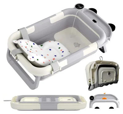 Produktbild von Faltbare Babybadewanne mit Thermometer, rutschfester tragbarer Badewanne und Badematte, für Neugeborene und Kleinkinder von 0-24 Monaten, grau