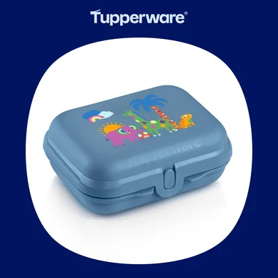 A blue Tupperware snack box with a safari-themed design for children, presented on a white background with a dark blue border and the Tupperware logo at the top.