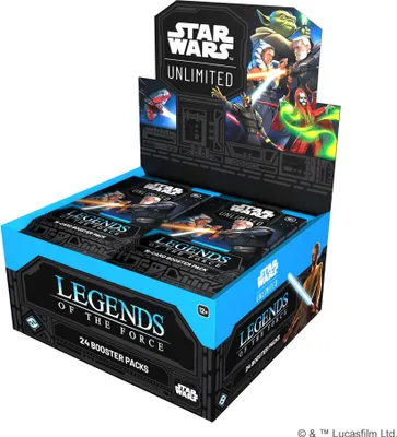 A display box of Star Wars Unlimited: Legends of the Force booster packs.