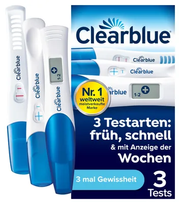Produktbild von Clearblue Schwangerschaftstest 3 Testarten Kombipack - Ultra Früh (10m IU/ml), Schnell & mit Anzeige der Wochen, 3 Teststäbchen (1 digital, 2 visuell)