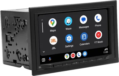 A car multimedia receiver with a touchscreen displaying various app icons.