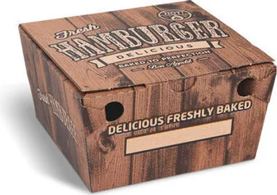 Produktbild von 100x Hamburgerboxen aus Mikrowellpappe bedruckt braun 15 x 15 x 9,5 cm
