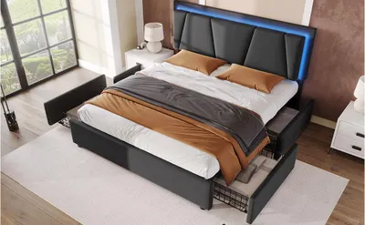 Image de Lit rembourré 160 x 200 cm avec éclairage LED et 4 tiroirs – Lit double gris, tête de lit réglable en hauteur, sommier à lattes inclus, matelas non fourni