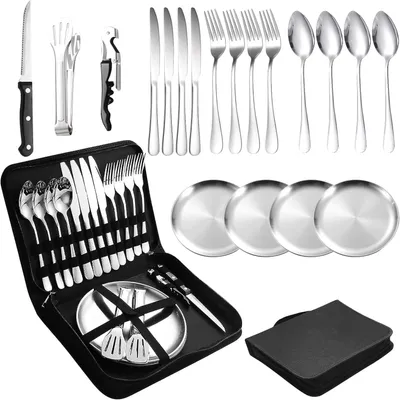 Produktbild von Camping Besteckset 4 Personen, Edelstahl, mit Tasche, für Outdoor