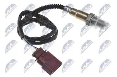 An automotive oxygen sensor with a connector and cable, presented against a white background with multiple overlaid logos.