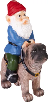 Immagine prodotto di BRUBAKER Gnomo da giardino con cane - gnomo cavalca con sella su carlino - figura da giardino divertente - decorazione resistente alle intemperie per il giardino del campeggio del proprietario del cane - decorazione da giardino per esterno - alto 26 cm