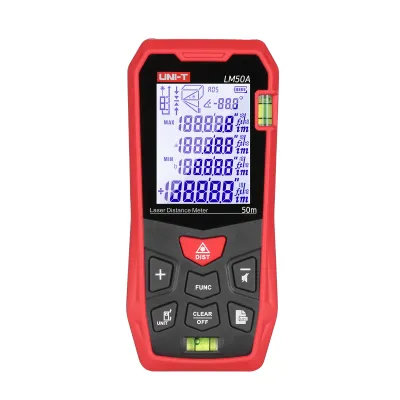 Produktbild von UNI-T LM50A Laser-Entfernungsmesser 50 m mit 2 Wasserwaagen, LCD-Display mit Hintergrundbeleuchtung, Pythagoras-Modus, Entfernungsmessung, Flaeche, Lautstaerke, Stummschaltung, 99 Gruppen, Datenspeicherung, Tragetasche