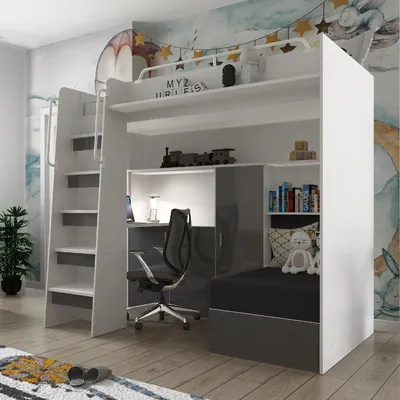 Produktbild von Marlux-Meble Hochbett JSM-7 90x200 TREPPE Links mit Schreibtisch Schränke und Ausklappbares Sofa 70x180 Hochglanz Funktionsbett Etagenbett Stockbett Kinderhochbett Jugendhochbett (Graphit Glanz)