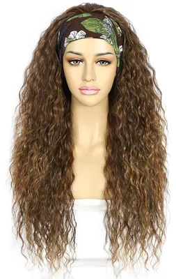 Immagine prodotto di Fascia per capelli, parrucca, capelli lunghi e ricci, colore marrone, materiale sintetico, effetto "onda marina", lunghezza 26 pollici, densità del 150%, senza bisogno di colla