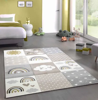 Produktbild von Spielteppich Kinderzimmer Teppich Herzchen Wolken Regenbogen Punkte grau beige braun Größe - 120 cm Rund