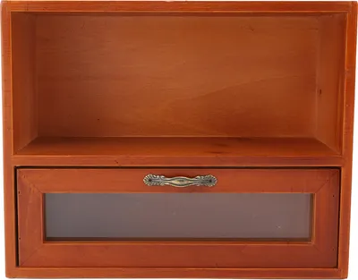 A wooden organizer with a shelf and a drawer with a glass window.