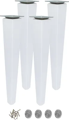Four white furniture legs with metal mounting plates are shown, along with screws and felt pads.