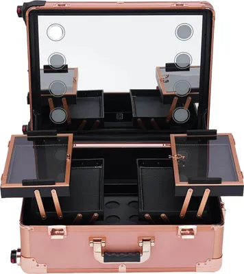 Produktbild von Schminkkoffer mit Rollen / Kosmetiktrolley - Professionelle Make-up-Station - LED-Beleuchtung & Spiegel - Verstellbare Beine - 4 Rollen - 8×5 W LED - 12 V - Roségold