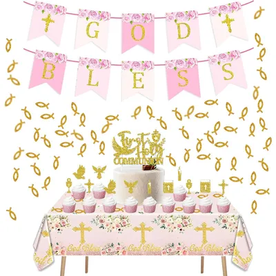 Kommunions-Dekoset, 135-teilig, pink/gold, inkl. Tischdecke