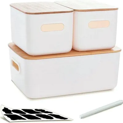Imagen del producto de Techos de bambú, cajas de plástico blancas, apilables, con asa, cocina, baño