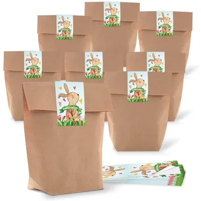 Produktbild von 25 kleine Papiertüte braun rot weiß HERZ Frohe Ostern Verpackung 16,5 x 26 x 6,5 cm MIT AUFKLEBER Papierbeutel Ostertüte Osterhase Osterverpackung Ostergeschenk OsternestOsterhase bunt / 5 Stück