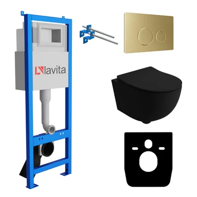 Produktbild von Lavita LAV 101 Vorwandelement für WC 40cm + Wand Hänge Tiefspül WC BRAVA Schwarz Spülrandlos + Bedienplatte LAV 200.4.5 Gold | Komplettset | Unterputz Spülkasten | Toilette Komplett Sett