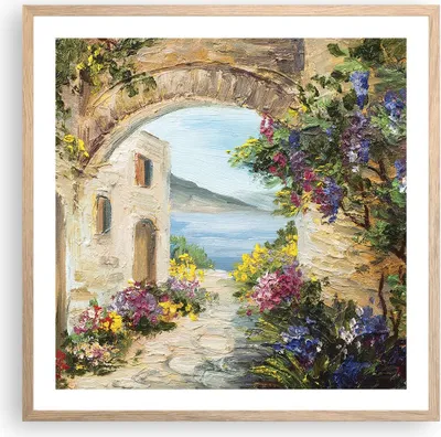Produktbild von Gerahmtes Poster - Rahmen in heller Eiche - Haus Santorini Blumen - 60x60 cm - Wand Bild - Wanddeko - Wandbilder - Wandposter - Bilderrahmen - Bilder - Kunstdruck - Wandbild - P2NAC60x60-4191