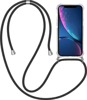 A smartphone with a clear case and a black lanyard attached.