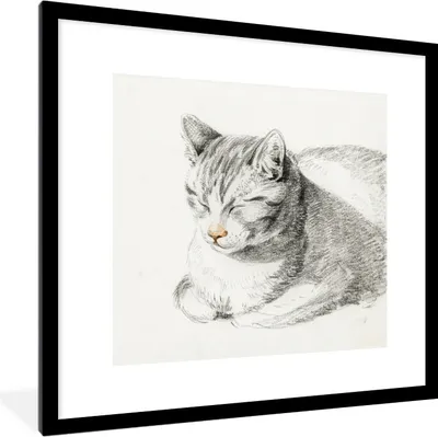 Produktbild von MuchoWow® MuchoWow® Gerahmtes Poster Liegende Katze, schräg nach vorne geneigt - Gemälde von Jean Bernard 40x40 cm - Poster mit zchwarzem Bilderrahmen - Poster - Plakat im Rahmen