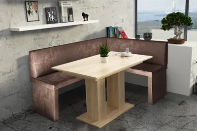 Productafbeelding van Eckbankset 196x142 cm, model ROBIN XL L, kleur bruin / Eettafel DANTE, afwerking Sonoma