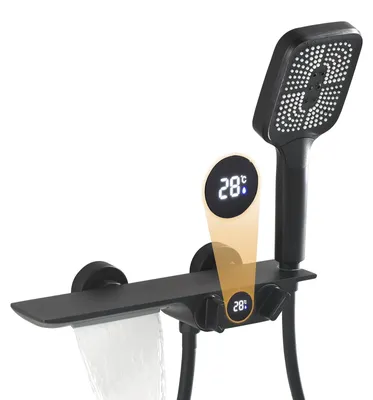 Wasserfall-Badarmatur schwarz mit Handbrause, 3 Funktionen, 150 cm