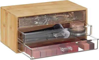 Produktbild von Kosmetik-Organizer mit 3 Schubladen aus Bambus und Kunststoff für Make-up, Schmuck und Büro