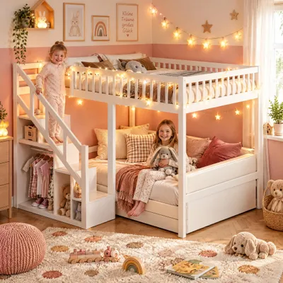 Imagen del producto de Cama nido de 90x200 cm, cama alta con escalera y espacio de almacenamiento, cama infantil multifuncional, cama alta para jóvenes, sin colchón, color blanco