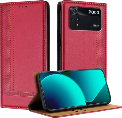 Produktbild von Handyhülle für Xiaomi Poco M4 Pro 4G Leder Flip Klappbare Schutzhülle mit Standfunktion Rot