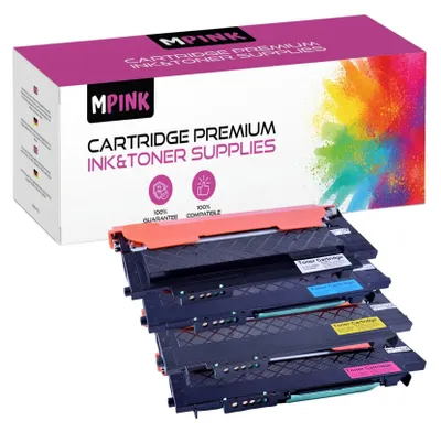A box of MPINK toner cartridges with several cartridges stacked in front of it.