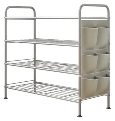 Image de Étagère à chaussures, 4 niveaux, métal gris, avec poches latérales, dimensions : 71 x 29 x 64 cm