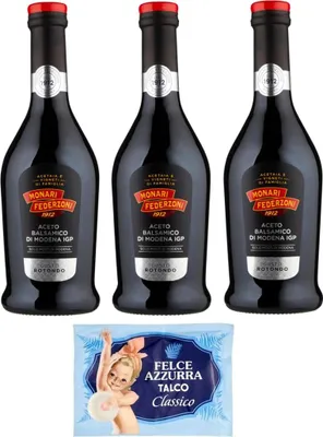 Produktbild von 3er-Pack Monari Federzoni Aceto Balsamico di Modena I.G.P.Gusto Rotondo,Balsamico-Essig aus Modena I.G.P.,500ml Glasflasche + 1er-Pack Felce Azzurra Talkumpuder, 100g-Beutel