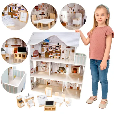Produktbild von 4iQ Holzpuppenhaus LILI 60x24x70 cm mit Zubehör