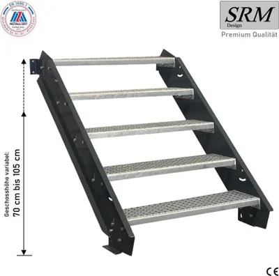 Produktbild von 5 Stufen Stahltreppe anthrazit Breite 80 cm Geschosshöhe 70 - 105 cm ohne Geländer
