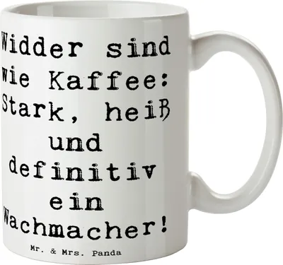 Produktbild von Mr. & Mrs. Panda Kaffeebecher Spruch Widder Power - Weiß - Geschenk, Tierkreiszeichen, Feuerzeichen, Teetasse, Geschenke Astrologie, Becher, Kaffeetasse, Trinkbecher, Mut