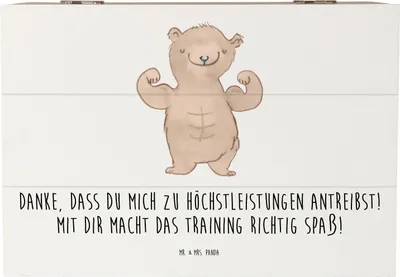 Produktbild von Mr. & Mrs. Panda Truhe Motivierender Fitness-Trainer 22 x 15 cm - Weiß - Geschenk, Geschenkbox, Aufmerksamkeit, Aufbewahrungsbox aus Holz, Spaß, Anerkennung, Bedanken