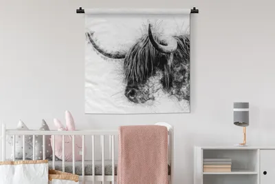 Produktbild von MuchoWow® Wandteppich Wandbehang Porträt Schottischer Highlander - Schwarz und Weiß 90x90 cm Tapisserie Dekoration Wandtuch - Wandaufhänger