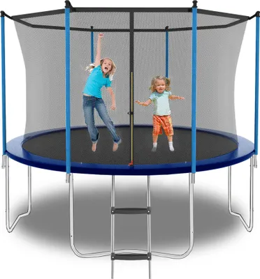 Image de Trampoline de 2,4 m, trampoline d'extérieur, avec filet de sécurité et échelle, capacité de charge de 181 kg, bleu