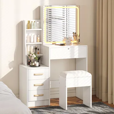 Immagine prodotto di Comò da trucco REMZETTA con specchio a LED e sgabello, 4 cassetti, specchio scorrevole con spazio contenitivo, 3 colori di luce regolabili, tavolino da trucco per camera da letto, bianco