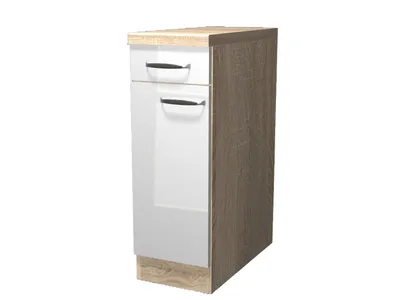 A tall, narrow cabinet with two drawers and a wooden top and base.